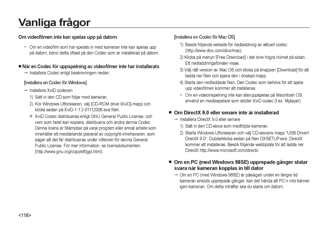 Samsung EC-NV4ZZTBB/E3 manual Om videoﬁlmen inte kan spelas upp på datorn, Om DirectX 9.0 eller senare inte är installerad 