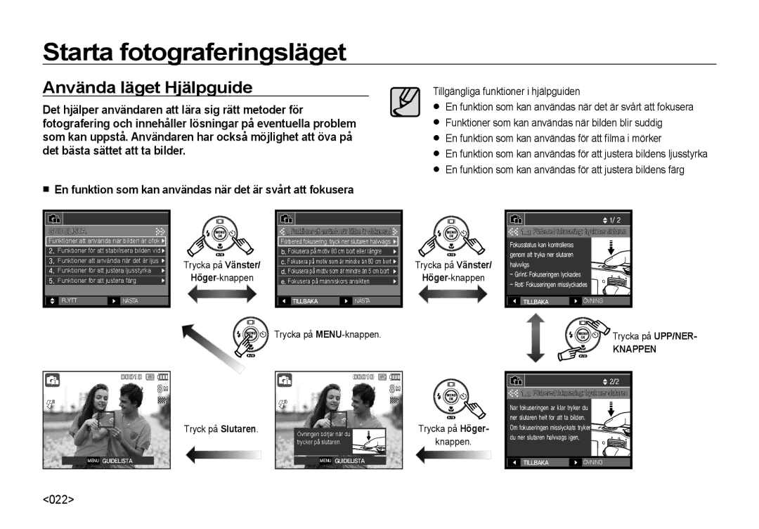 Samsung EC-NV4ZZBBA/E3 manual Använda läget Hjälpguide, En funktion som kan användas när det är svårt att fokusera 