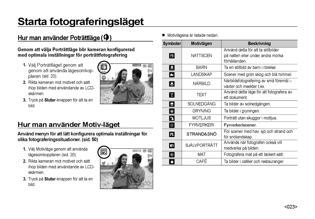 Samsung EC-NV4ZZBBA/E2 manual Hur man använder Poträttläge, Hur man använder Motiv-läget, Symboler Motivlägen Beskrivning 