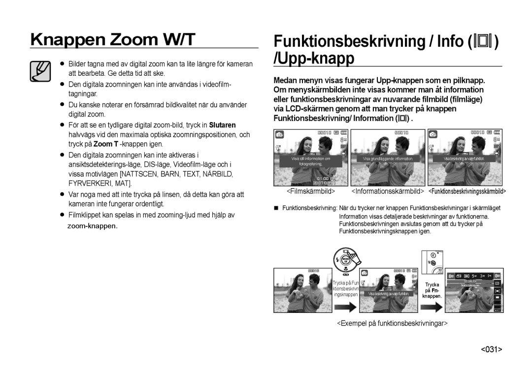 Samsung EC-NV4ZZTBB/E3 manual Funktionsbeskrivning / Info /Upp-knapp, Filmskärmbild, Exempel på funktionsbeskrivningar 