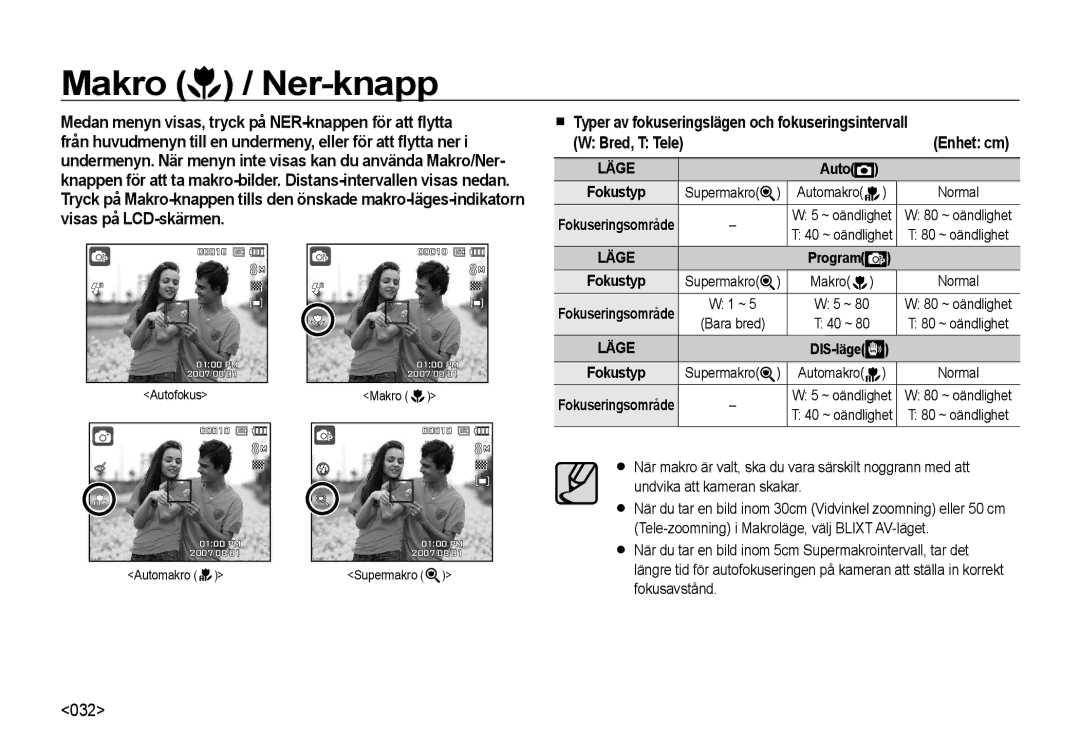 Samsung EC-NV4ZZBBA/E3 Makro / Ner-knapp, Typer av fokuseringslägen och fokuseringsintervall, Enhet cm, Program, DIS-läge 