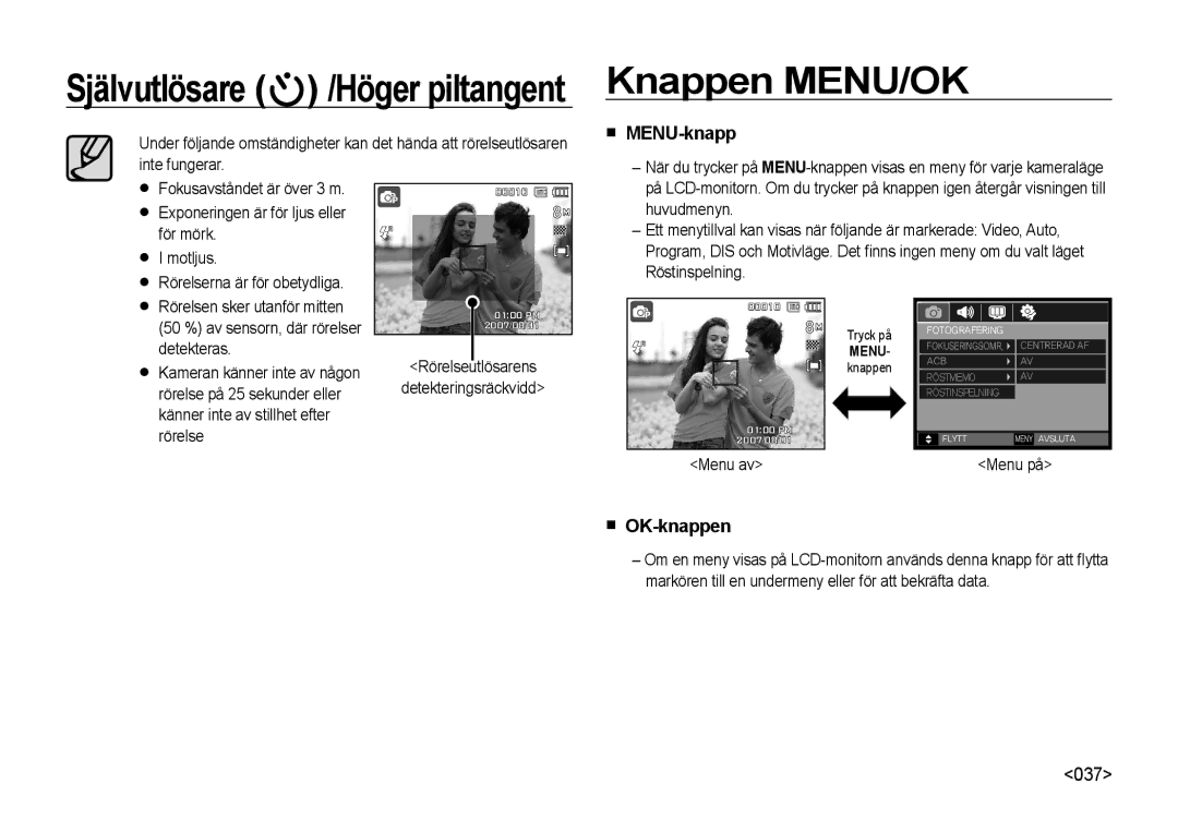 Samsung EC-NV4ZZBBA/E3, EC-NV4ZZSBA/E3, EC-NV4ZZPBA/E3, EC-NV4ZZTBB/E3 manual Knappen MENU/OK, MENU-knapp, OK-knappen 