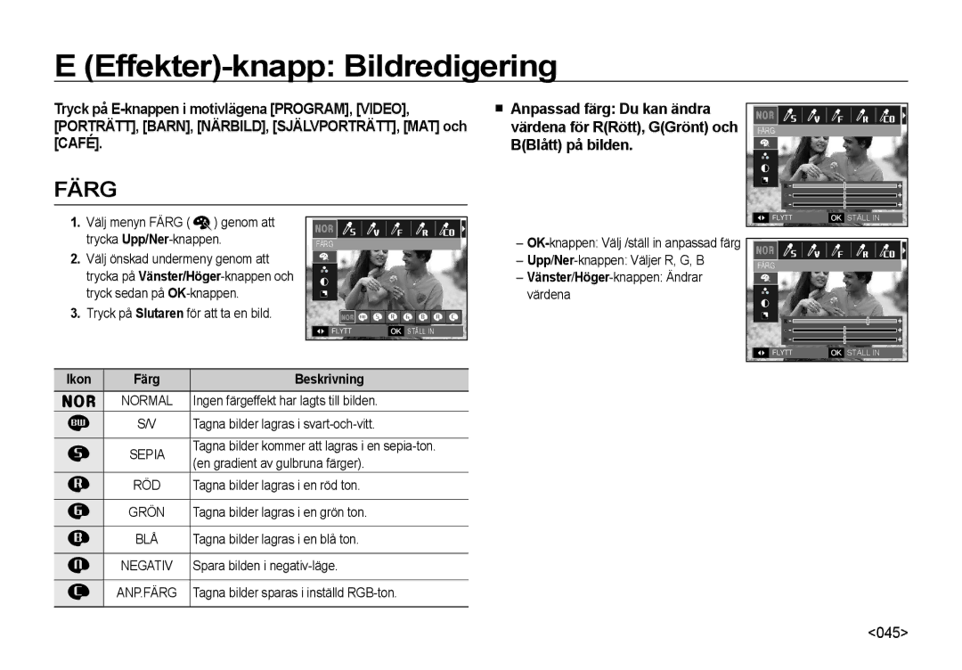 Samsung EC-NV4ZZPBA/E3 manual Effekter-knapp Bildredigering, Vänster/Höger-knappen Ändrar värdena, Ikon Färg Beskrivning 