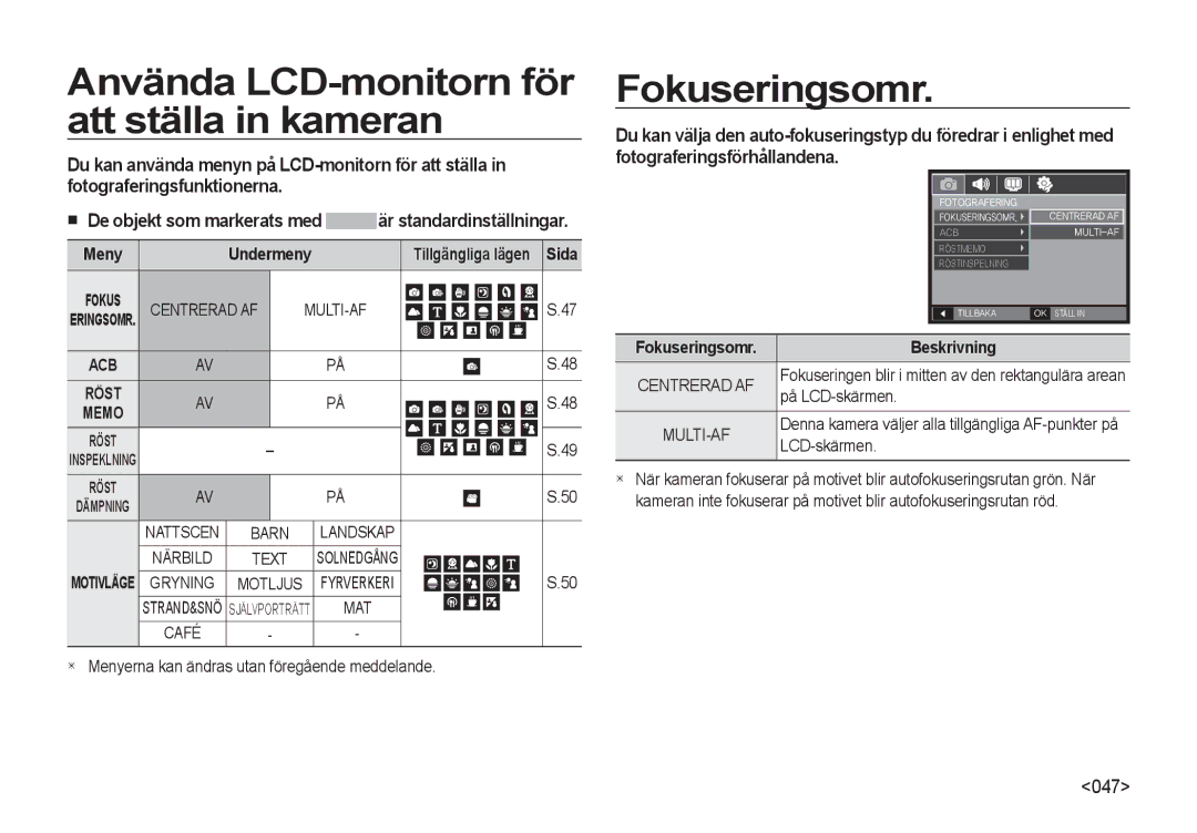 Samsung EC-NV4ZZBBA/E3, EC-NV4ZZSBA/E3 manual Använda LCD-monitorn för att ställa in kameran, Fokuseringsomr, På LCD-skärmen 