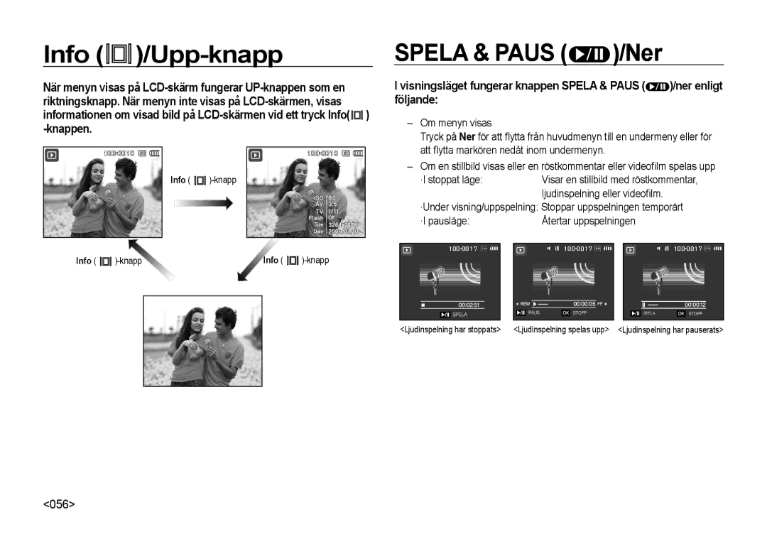 Samsung EC-NV4ZZTBB/E3, EC-NV4ZZSBA/E3, EC-NV4ZZPBA/E3, EC-NV4ZZBBA/E3, EC-NV4ZZBBA/E2 Info /Upp-knapp, Spela & Paus /Ner 