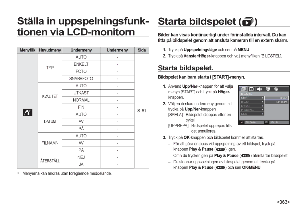 Samsung EC-NV4ZZBBA/E2, EC-NV4ZZSBA/E3 manual Ställa in uppspelningsfunk- tionen via LCD-monitorn, Starta bildspelet, Typ 