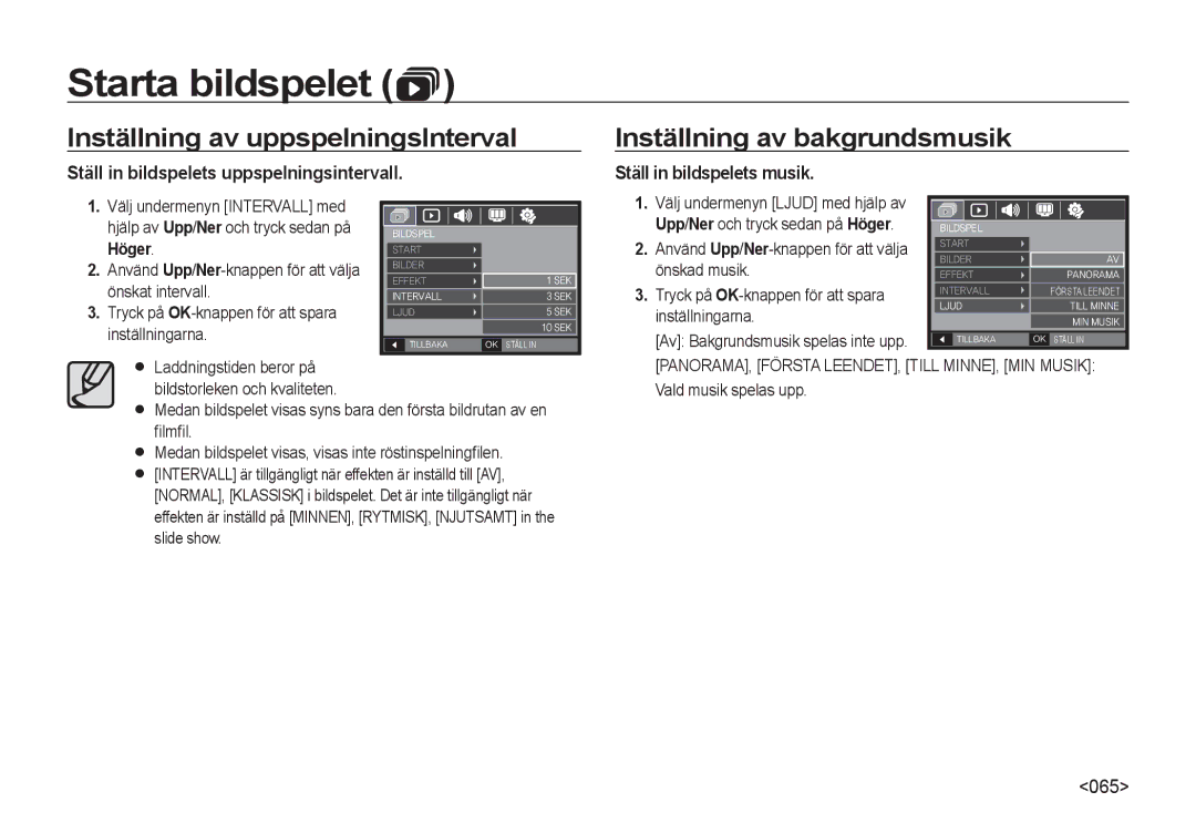 Samsung EC-NV4ZZPBA/E3 Inställning av uppspelningsInterval, Inställning av bakgrundsmusik, Ställ in bildspelets musik 