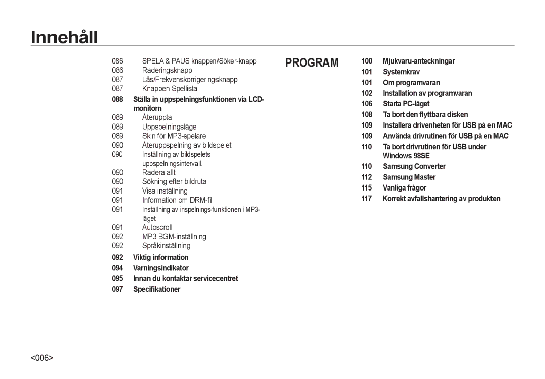 Samsung EC-NV4ZZTBB/E3 Mjukvaru-anteckningar, Systemkrav, Om programvaran, 109, Ta bort drivrutinen för USB under, 117 