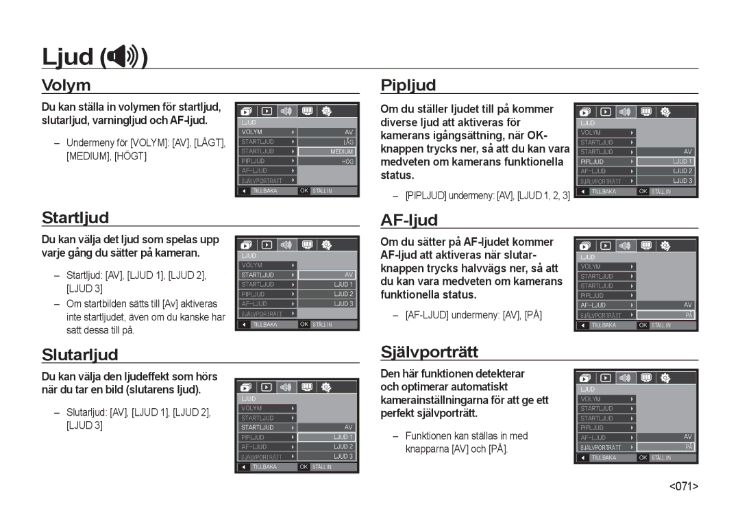 Samsung EC-NV4ZZTBB/E3, EC-NV4ZZSBA/E3, EC-NV4ZZPBA/E3 Ljud, Volym Pipljud, Startljud AF-ljud, Slutarljud Självporträtt 