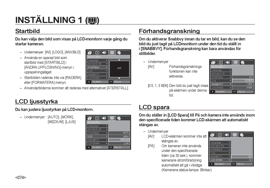 Samsung EC-NV4ZZSBA/E3, EC-NV4ZZPBA/E3, EC-NV4ZZTBB/E3 manual Startbild, Förhandsgranskning, LCD ljusstyrka, LCD spara 