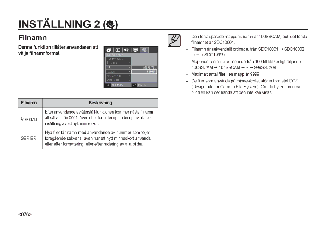 Samsung EC-NV4ZZTBB/E3 Filnamn, Denna funktion tillåter användaren att välja ﬁlnamnformat, 100SSCAM 101SSCAM ~ 999SSCAM 