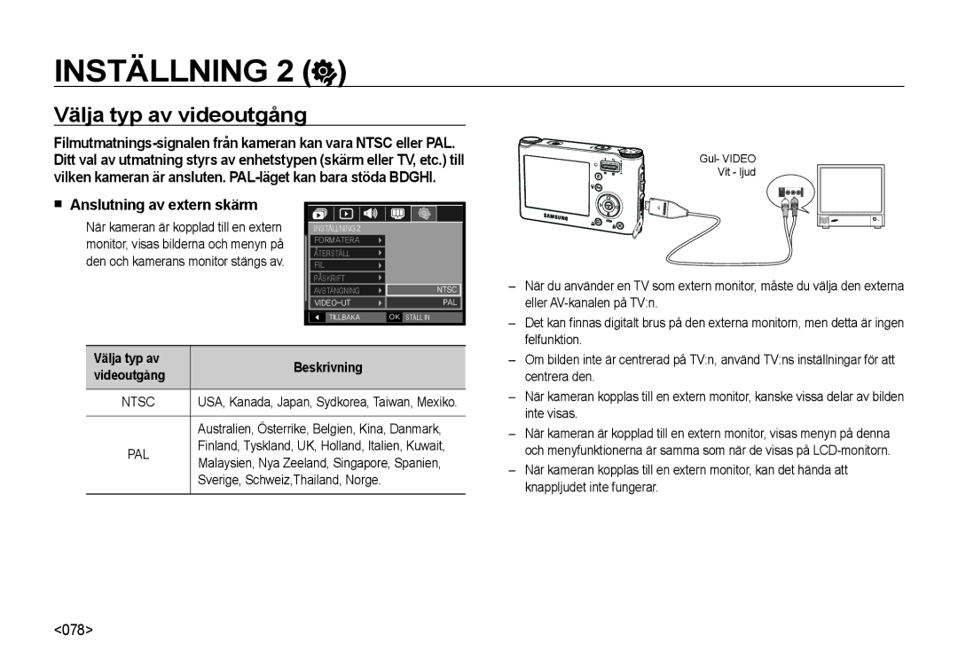 Samsung EC-NV4ZZBBA/E2 manual Välja typ av videoutgång, Anslutning av extern skärm, Välja typ av Beskrivning Videoutgång 