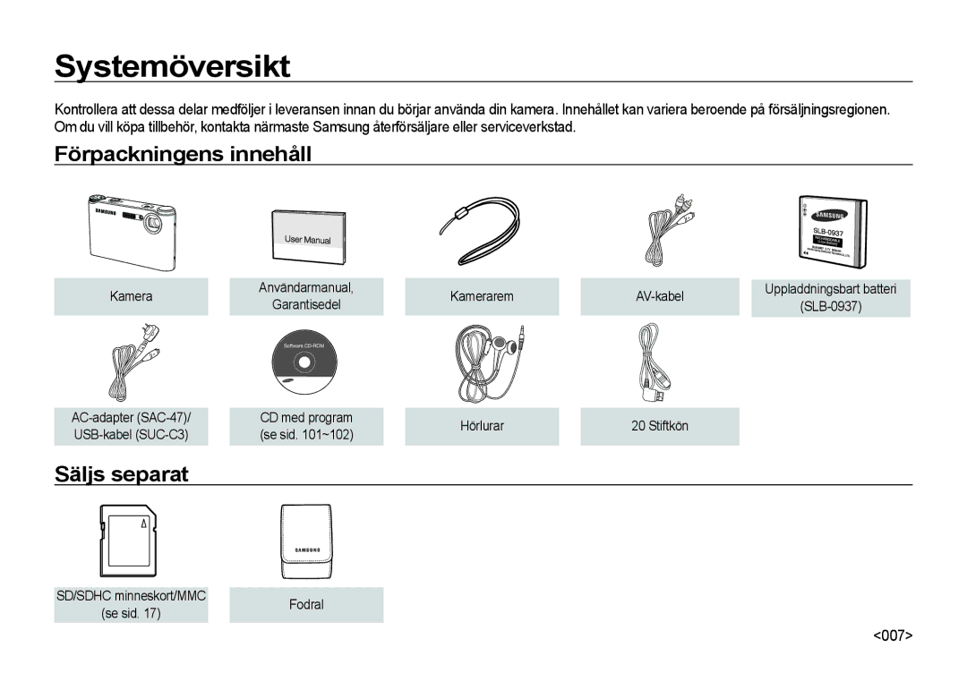 Samsung EC-NV4ZZBBA/E3, EC-NV4ZZSBA/E3, EC-NV4ZZPBA/E3 manual Systemöversikt, Förpackningens innehåll, Säljs separat 