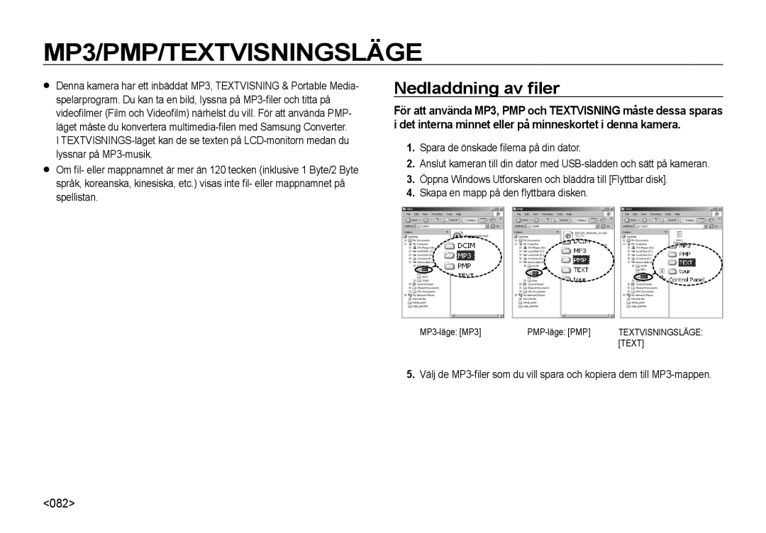 Samsung EC-NV4ZZBBA/E3, EC-NV4ZZSBA/E3, EC-NV4ZZPBA/E3, EC-NV4ZZTBB/E3 manual MP3/PMP/TEXTVISNINGSLÄGE, Nedladdning av ﬁler 