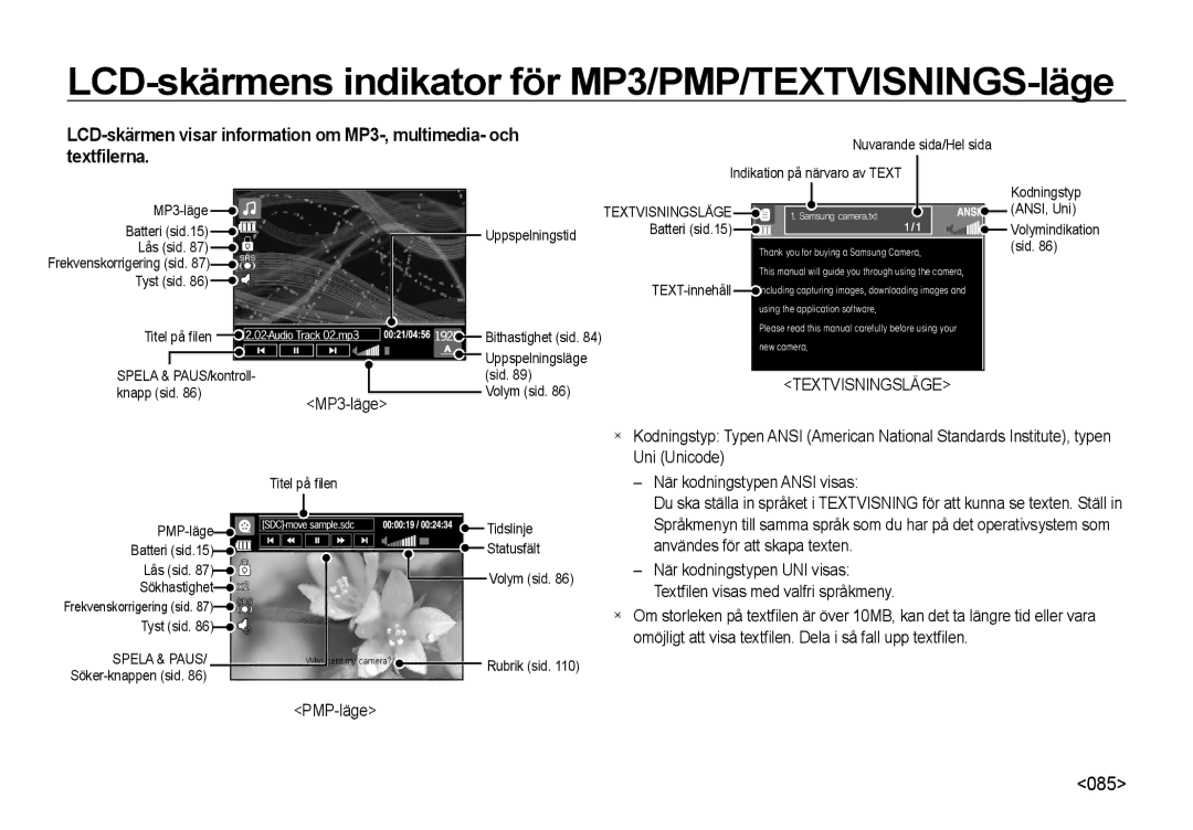 Samsung EC-NV4ZZPBA/E3, EC-NV4ZZSBA/E3 LCD-skärmens indikator för MP3/PMP/TEXTVISNINGS-läge, Textﬁlerna, Textvisningsläge 