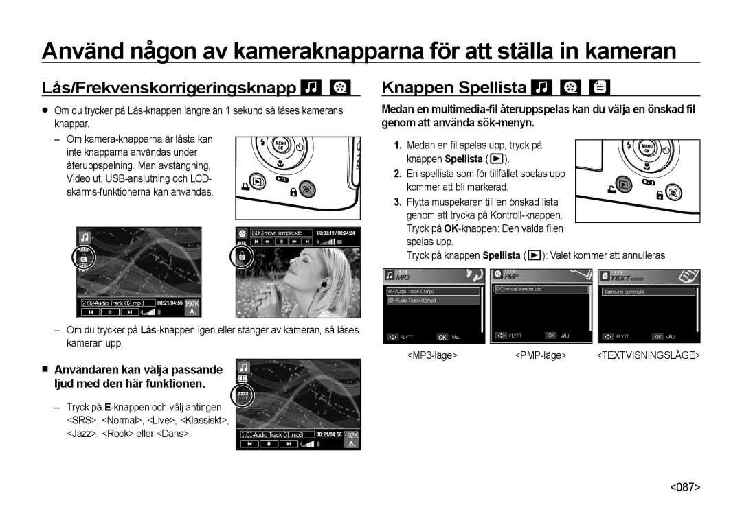 Samsung EC-NV4ZZBBA/E3, EC-NV4ZZSBA/E3 manual Lås/Frekvenskorrigeringsknapp, Knappen Spellista, Jazz, Rock eller Dans 