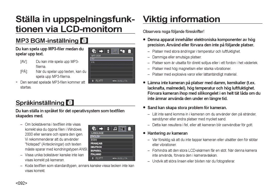 Samsung EC-NV4ZZBBA/E3 manual MP3 BGM-inställning, Språkinställning, Du kan spela upp MP3-ﬁler medan du spelar upp text 