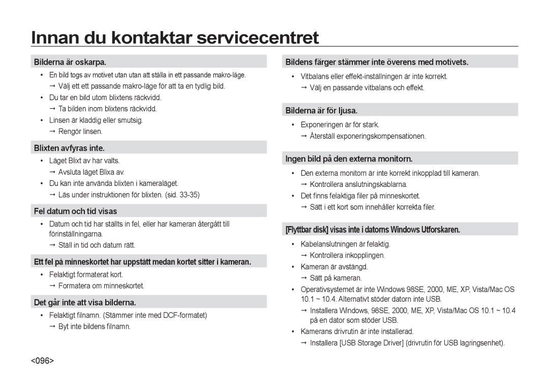 Samsung EC-NV4ZZTBB/E3 Bilderna är oskarpa, Blixten avfyras inte, Fel datum och tid visas, Det går inte att visa bilderna 