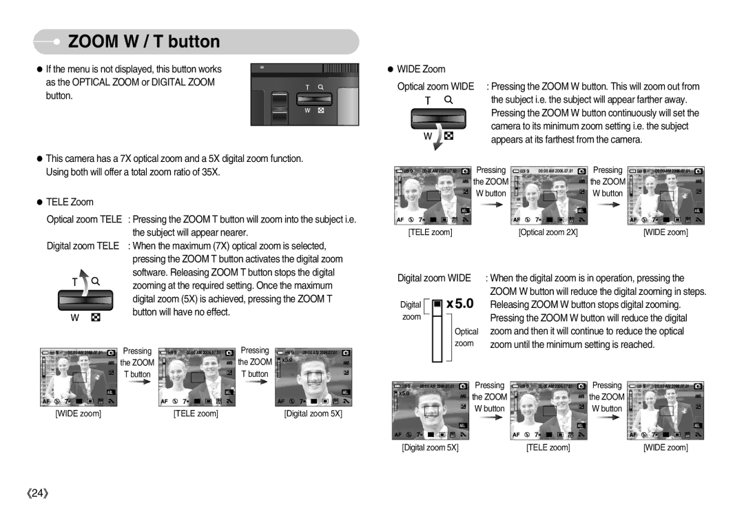 Samsung EC-NV7ZZBBB/FR manual Zoom W / T button, Subject will appear nearer, Button will have no effect, Digital zoom Wide 