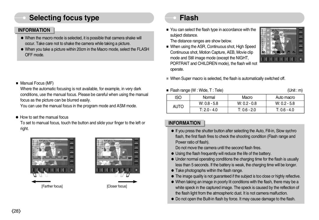 Samsung EC-NV7ZZBBA/SP, EC-NV7ZZBBC/DE, EC-NV7ZZBBA/FR, EC-NV7ZZBBB/E2, EC-NV7ZZBBB/FR Selecting focus type Flash, Auto macro 