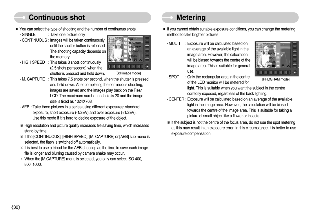 Samsung EC-NV7ZZBBA/PT, EC-NV7ZZBBC/DE, EC-NV7ZZBBA/FR, EC-NV7ZZBBB/E2 manual Continuous shot, Metering, Single, Multi, Spot 