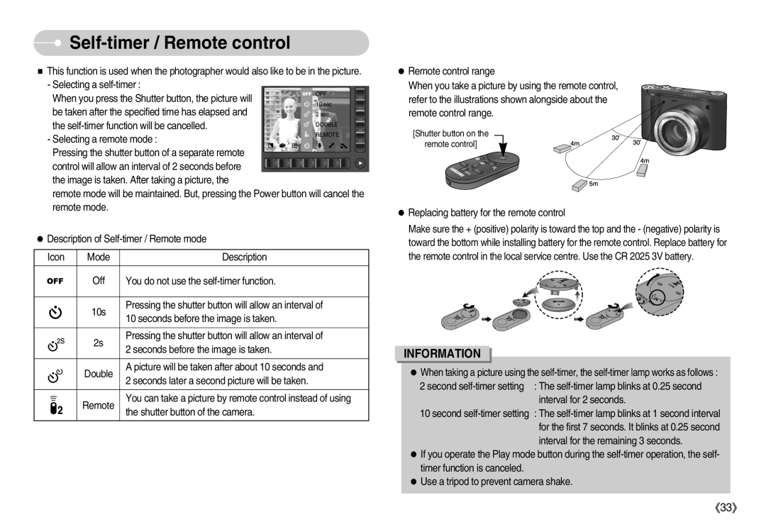 Samsung EC-NV7ZZBBJ/AS, EC-NV7ZZBBC/DE, EC-NV7ZZBBA/FR, EC-NV7ZZBBB/E2, EC-NV7ZZBBB/FR manual Self-timer / Remote control 