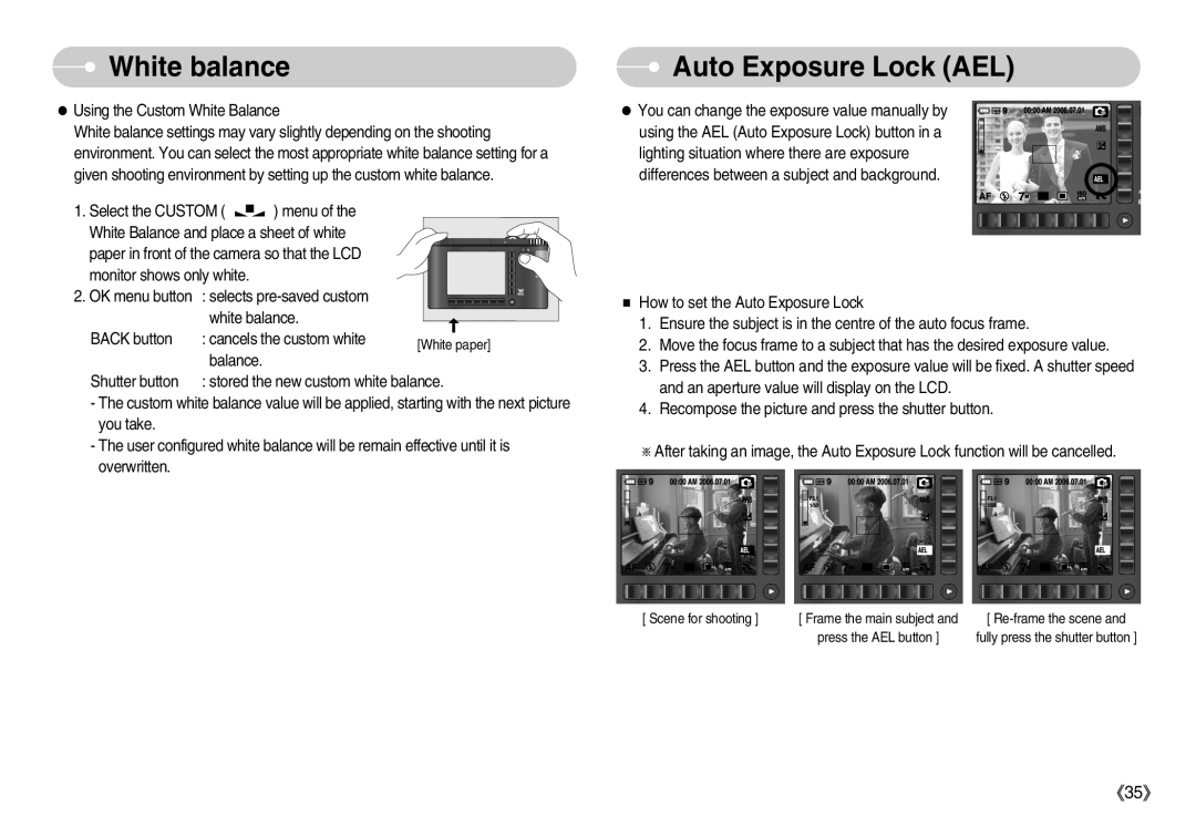 Samsung EC-NV7ZZBBC/DE, EC-NV7ZZBBA/FR, EC-NV7ZZBBB/E2 manual Auto Exposure Lock AEL, Using the Custom White Balance 