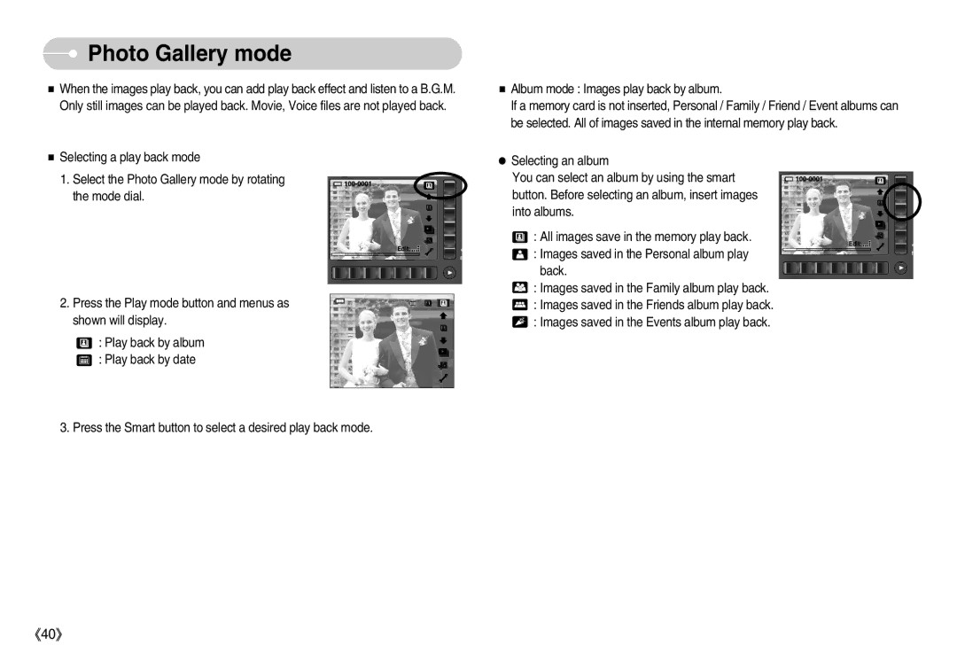 Samsung EC-NV7ZZBBR/E1 manual Photo Gallery mode, Album mode Images play back by album, Selecting a play back mode 