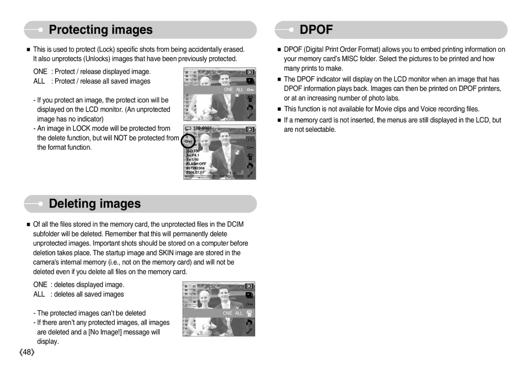 Samsung EC-NV7ZZBBA/IT Protecting images, Deleting images, One, All, Are deleted and a No Image! message will Display 