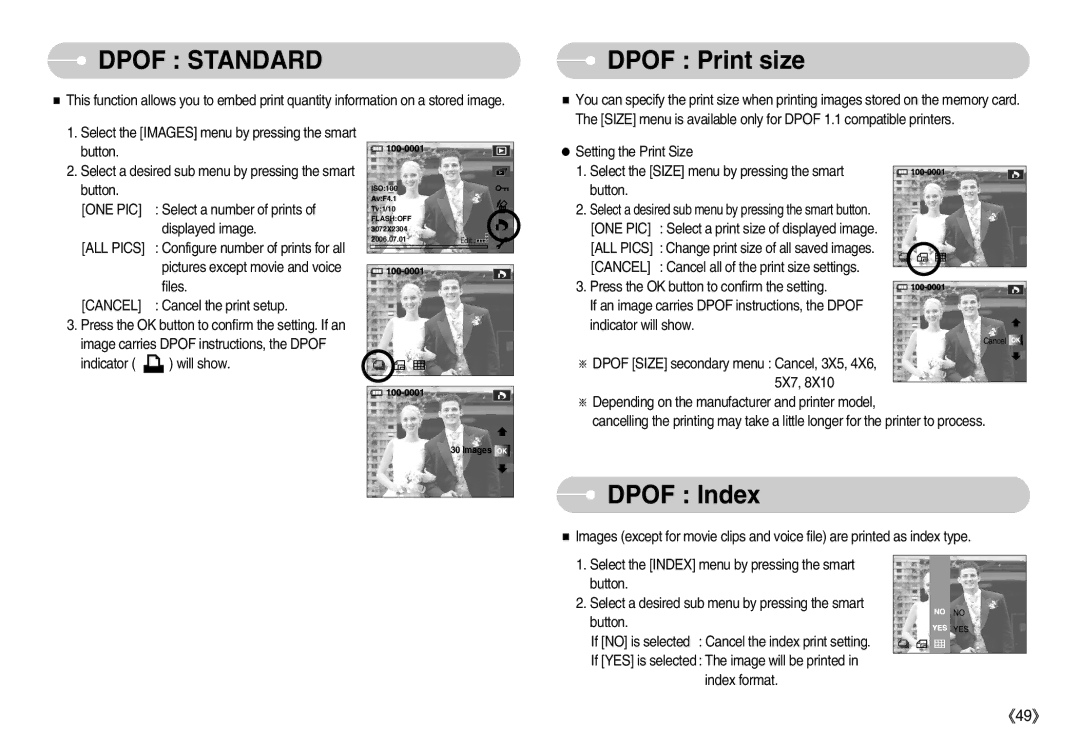 Samsung EC-NV7ZZBBC/E1, EC-NV7ZZBBC/DE, EC-NV7ZZBBA/FR manual Dpof Print size, Dpof Index, One Pic, ALL Pics, Cancel 