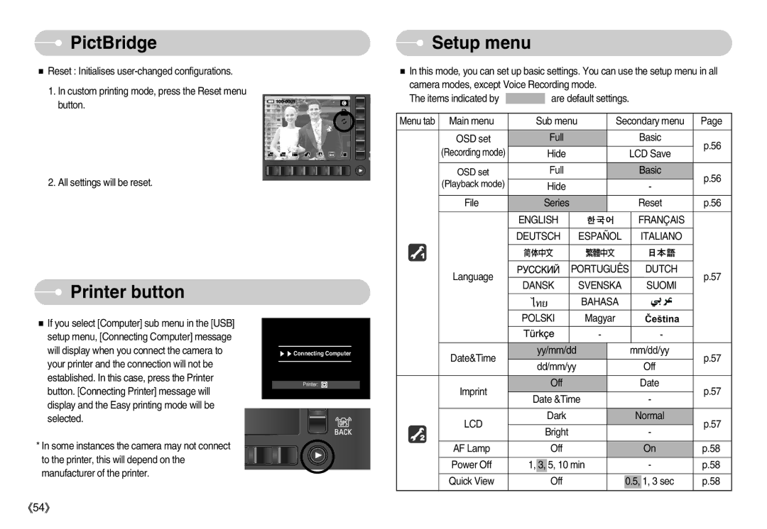 Samsung EC-NV7ZZBBA/AS, EC-NV7ZZBBC/DE, EC-NV7ZZBBA/FR, EC-NV7ZZBBB/E2, EC-NV7ZZBBB/FR manual Printer button, Setup menu 