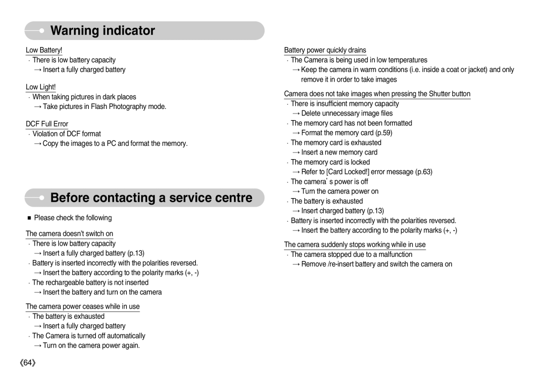 Samsung EC-NV7ZZBBC/RU Before contacting a service centre, Please check the following, Insert a fully charged battery p.13 