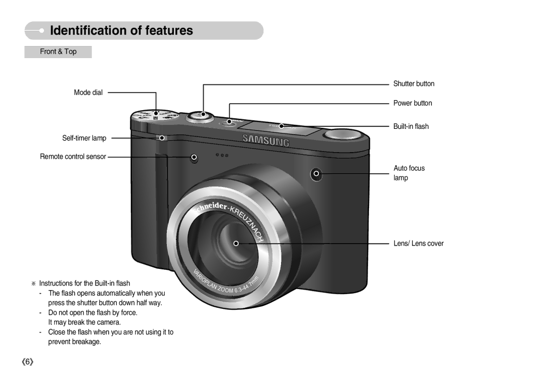 Samsung EC-NV7ZZBBA/SP, EC-NV7ZZBBC/DE, EC-NV7ZZBBA/FR manual Identification of features, Built-in flash, Lens/ Lens cover 