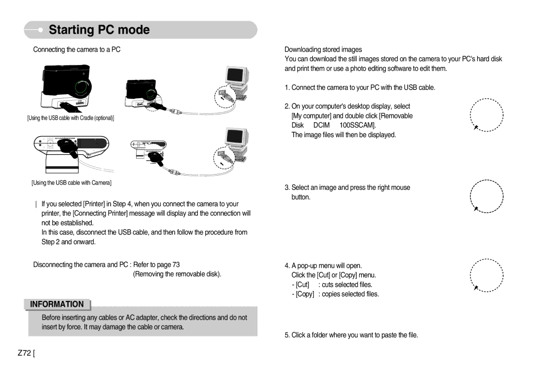 Samsung EC-NV7ZZBBA/SP, EC-NV7ZZBBC/DE, EC-NV7ZZBBA/FR manual Connecting the camera to a PC, Downloading stored images, Cut 