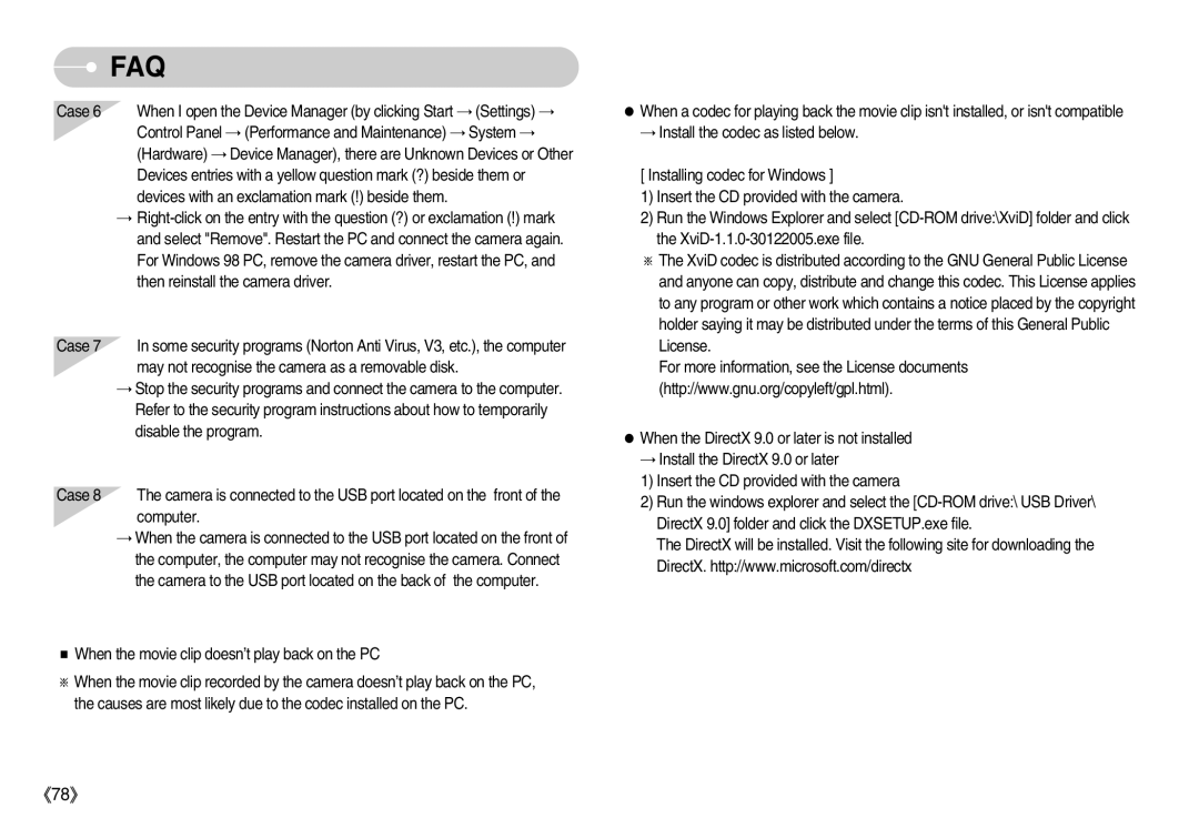 Samsung EC-NV7ZZBBA/DE, EC-NV7ZZBBC/DE Case, Settings, System, Hardware, When the movie clip doesn’t play back on the PC 