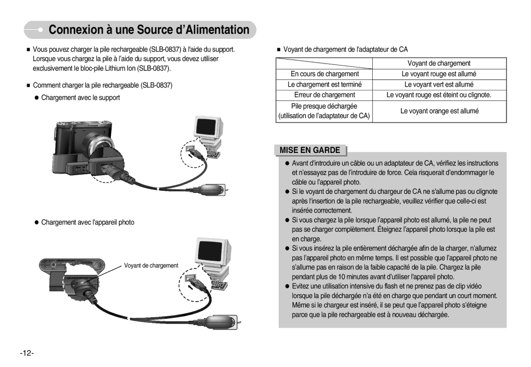 Samsung EC-NV7ZZBBA/FR, EC-NV7ZZBBC/DE, EC-NV7ZZBBB/E2, EC-NV7ZZBBB/FR manual Connexiona à une Source d’Alimentation 