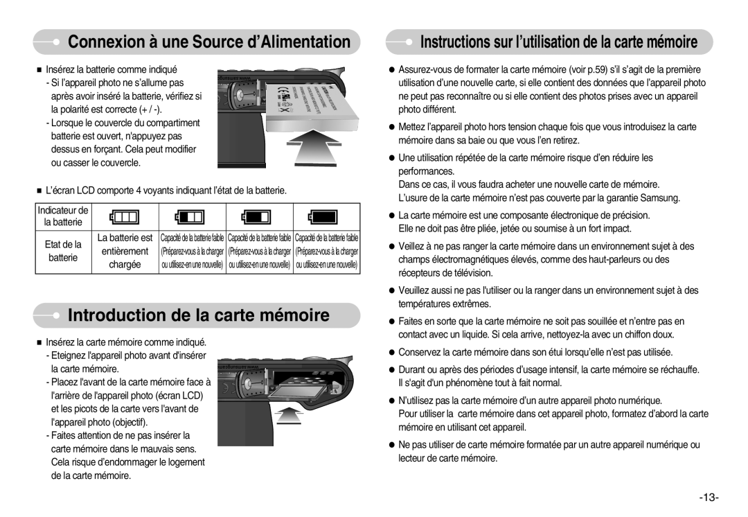 Samsung EC-NV7ZZBBB/E2 manual Introduction de la carte mémoire, Instructionsa sur l’utilisation de la carte mémoire 