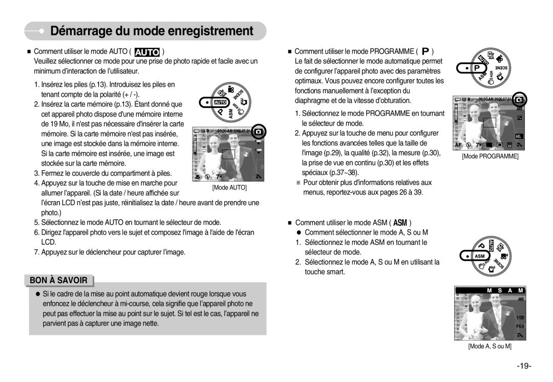 Samsung EC-NV7ZZBBC/DE, EC-NV7ZZBBA/FR, EC-NV7ZZBBB/E2, EC-NV7ZZBBB/FR manual Démarrage du mode enregistrement 