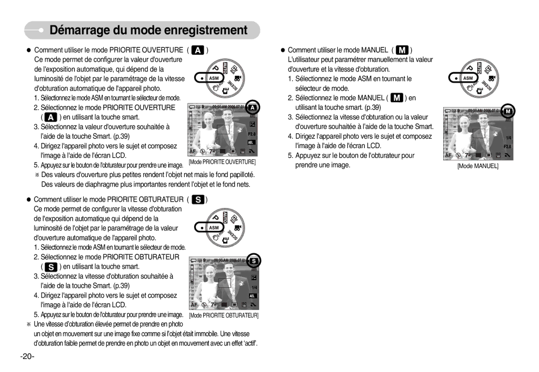 Samsung EC-NV7ZZBBA/FR, EC-NV7ZZBBC/DE, EC-NV7ZZBBB/E2, EC-NV7ZZBBB/FR manual Sélectionnez le mode Priorite Ouverture 