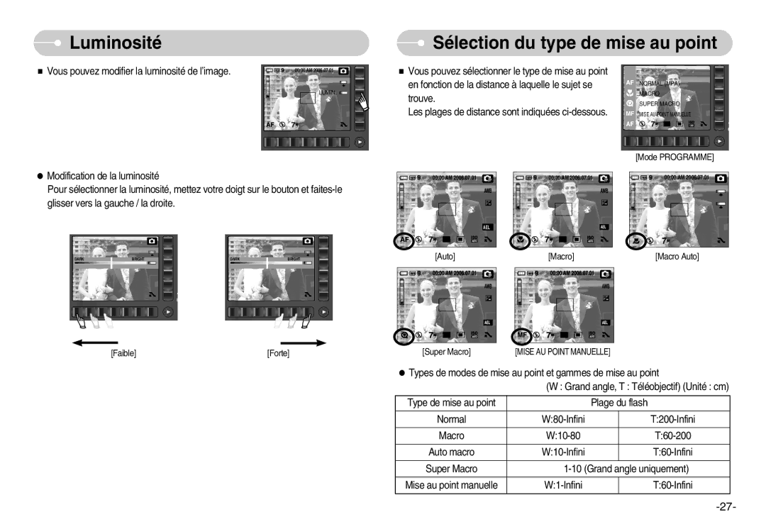 Samsung EC-NV7ZZBBC/DE Luminosité Sélection du type de mise au point, Vous pouvez sélectionner le type de mise au point 