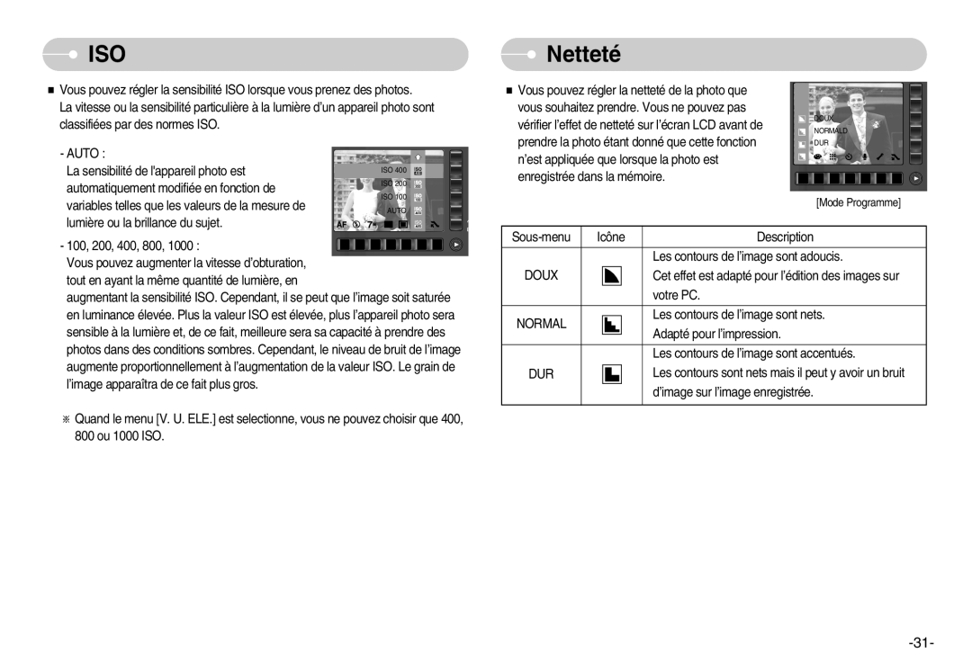 Samsung EC-NV7ZZBBC/DE, EC-NV7ZZBBA/FR, EC-NV7ZZBBB/E2, EC-NV7ZZBBB/FR manual Netteté, Doux, Dur 