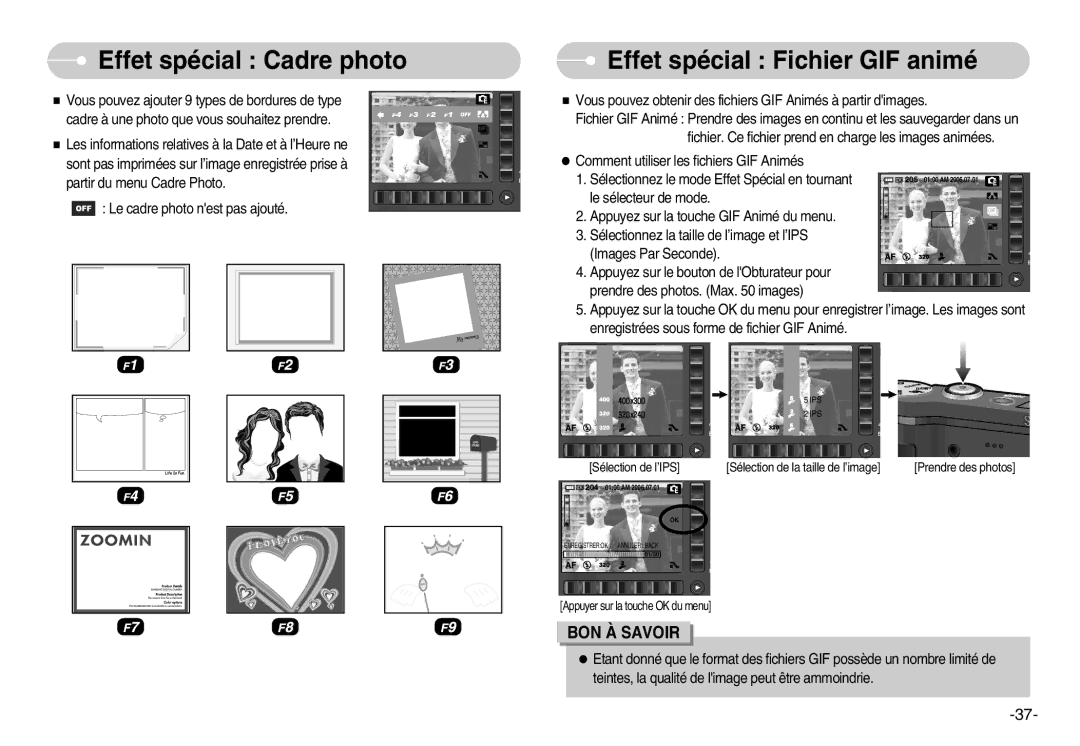 Samsung EC-NV7ZZBBB/E2, EC-NV7ZZBBC/DE, EC-NV7ZZBBA/FR manual Effet spécial Cadre photo, Effet spécial Fichier GIF animé 