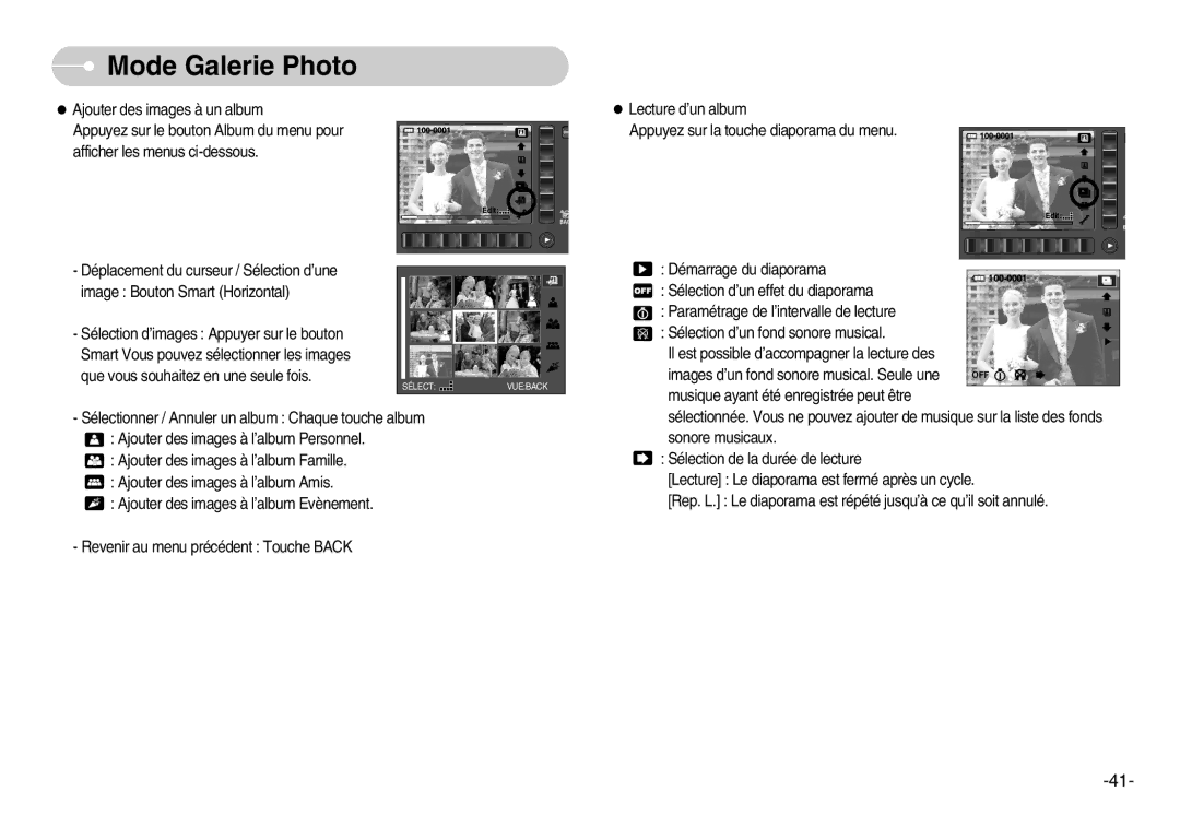 Samsung EC-NV7ZZBBB/E2, EC-NV7ZZBBC/DE, EC-NV7ZZBBA/FR manual Lecture d’un album Appuyez sur la touche diaporama du menu 