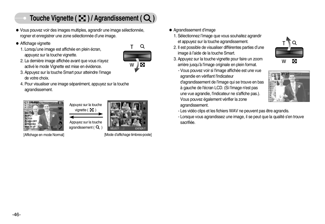 Samsung EC-NV7ZZBBB/FR, EC-NV7ZZBBC/DE, EC-NV7ZZBBA/FR, EC-NV7ZZBBB/E2 manual Touche Vignette / Agrandissement 