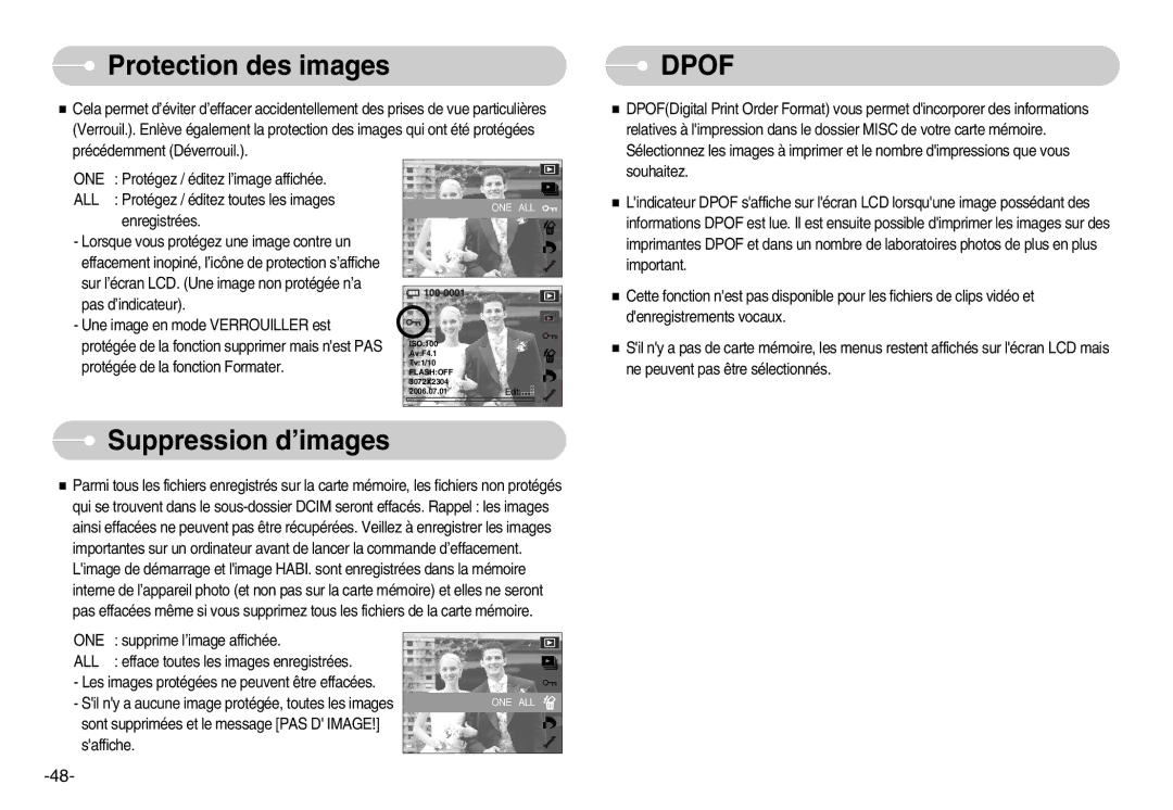 Samsung EC-NV7ZZBBA/FR, EC-NV7ZZBBC/DE, EC-NV7ZZBBB/E2, EC-NV7ZZBBB/FR Protection des images, Suppression d’images, One, All 