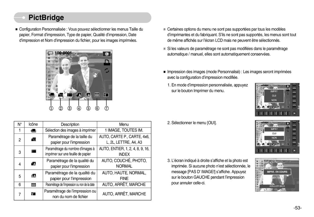 Samsung EC-NV7ZZBBB/E2 manual IMAGE, Toutes IM, AUTO, COUCHÉ, Photo, AUTO, HAUTE, Normal, Fine, AUTO, ARRÊT, Marche 