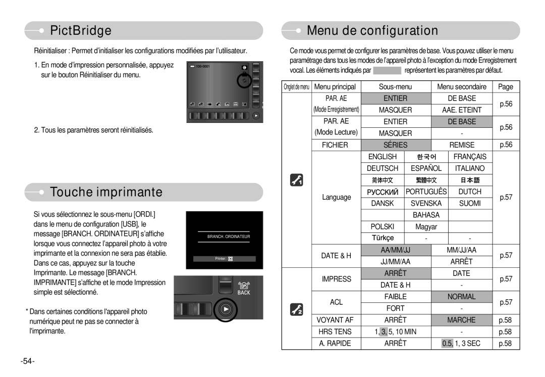 Samsung EC-NV7ZZBBB/FR, EC-NV7ZZBBC/DE, EC-NV7ZZBBA/FR, EC-NV7ZZBBB/E2 manual Menu de configuration, Touche imprimante 