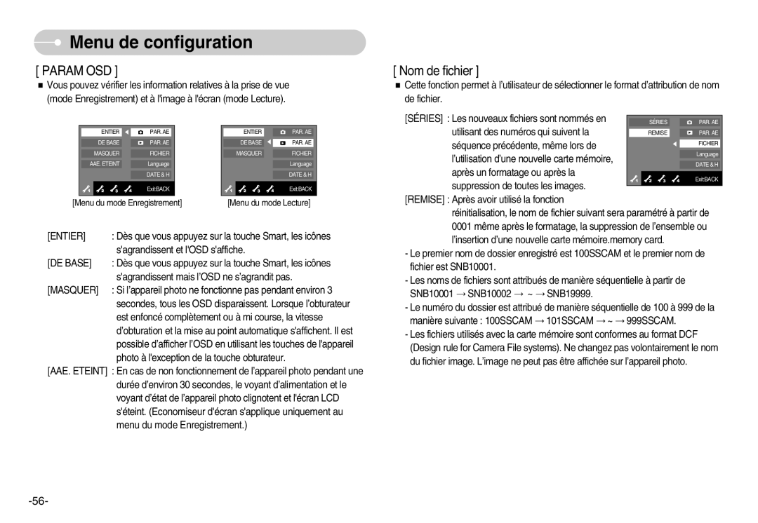 Samsung EC-NV7ZZBBA/FR, EC-NV7ZZBBC/DE, EC-NV7ZZBBB/E2, EC-NV7ZZBBB/FR manual Param OSD, Masquer 