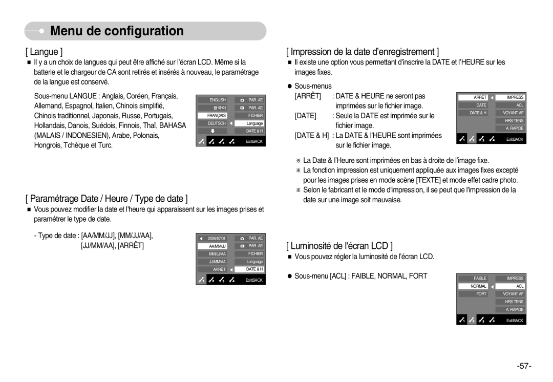 Samsung EC-NV7ZZBBB/E2, EC-NV7ZZBBC/DE, EC-NV7ZZBBA/FR, EC-NV7ZZBBB/FR manual Langue 