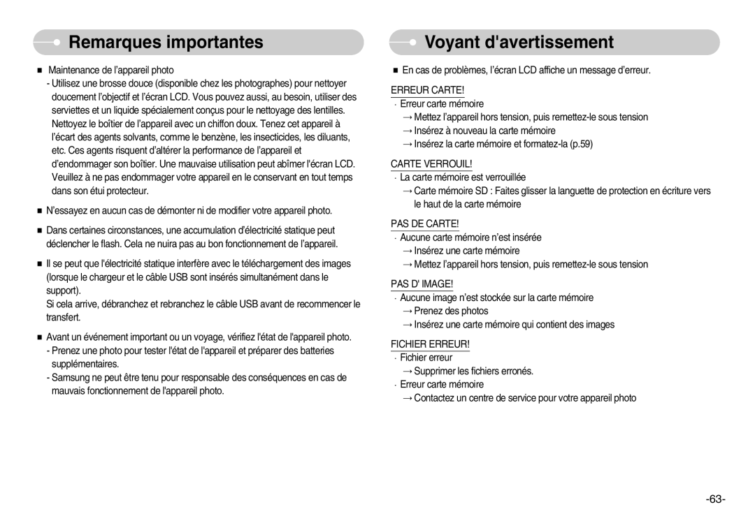 Samsung EC-NV7ZZBBC/DE, EC-NV7ZZBBA/FR, EC-NV7ZZBBB/E2 Voyant davertissement, Carte Verrouil, PAS DE Carte, PAS D Image 